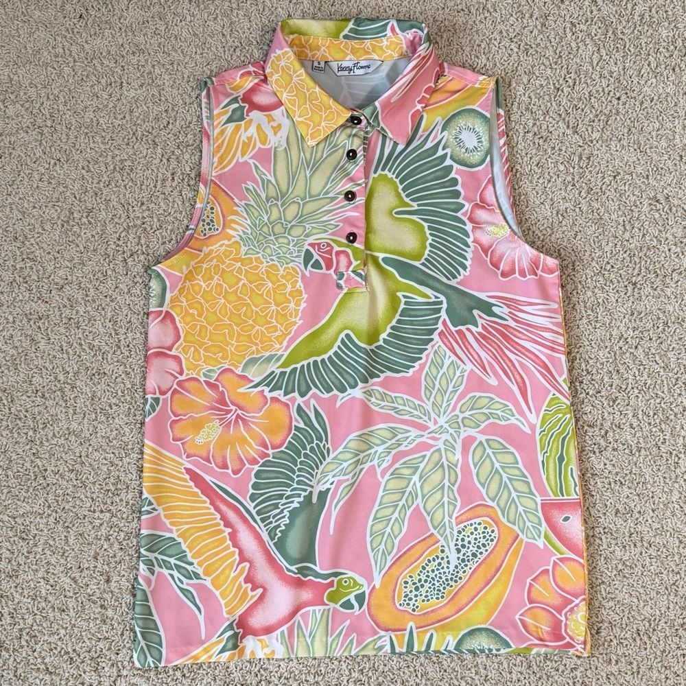 KENNY FLOWERS Ladies Sleeveless Golf Polo Bahamas Print Pink Green Size Small - Picture 2 of 5